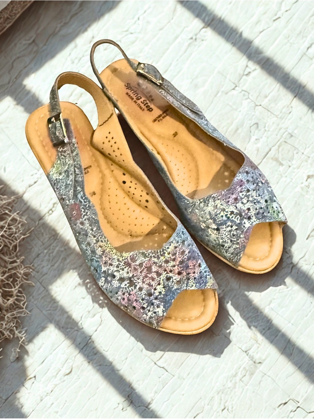 Spring Step Italy Leather Slingback Sandals Metallic Floral Comfort Shoes